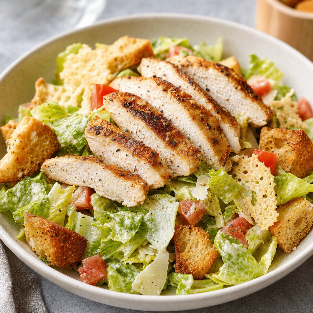 Italian-Seasoned Chicken Caesar Salad with Parmesan Crisps and Buttery Croutons