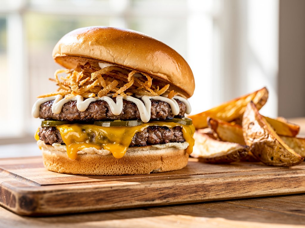 Jalapeño Popper Stuffed Burgers with Ranch Mayo and Potato Wedges