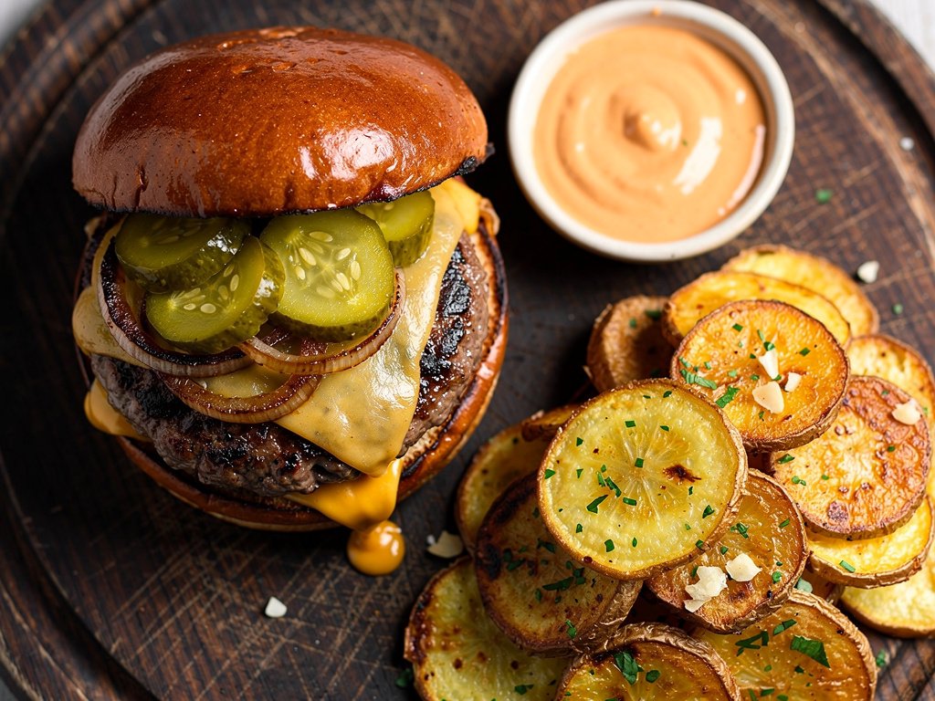 Juicy Beef Burgers with Smoky Chipotle Sauce and Garlic Potato Rounds