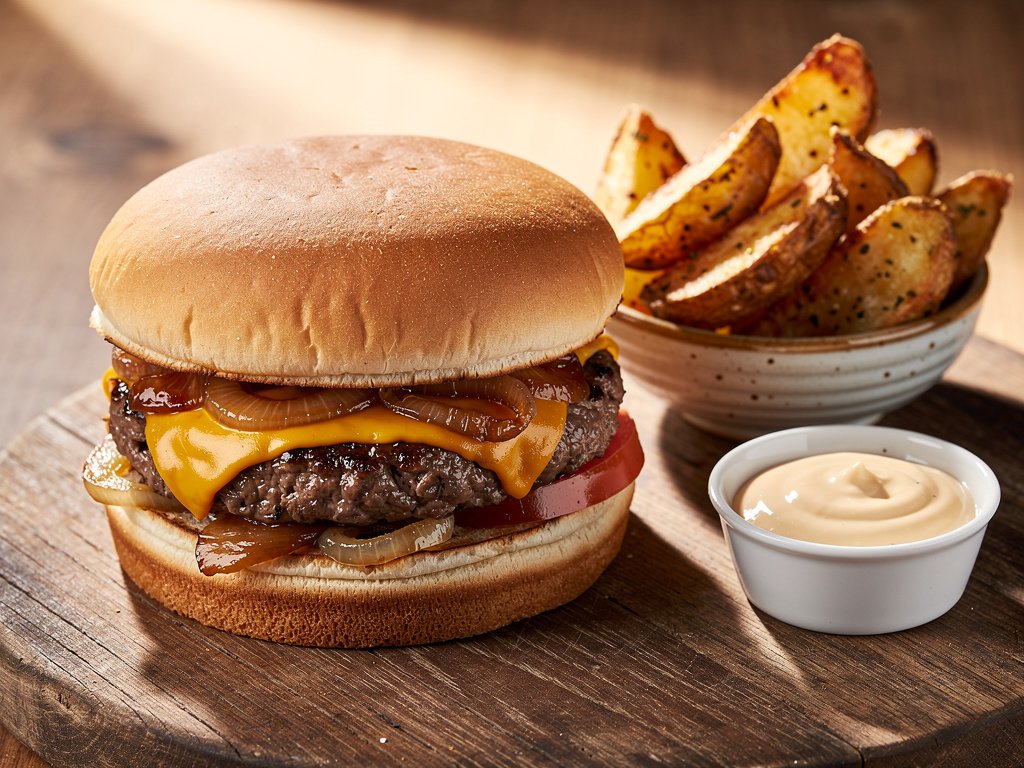 Juicy Cheeseburgers with Special Sauce and Garlic Potato Wedges