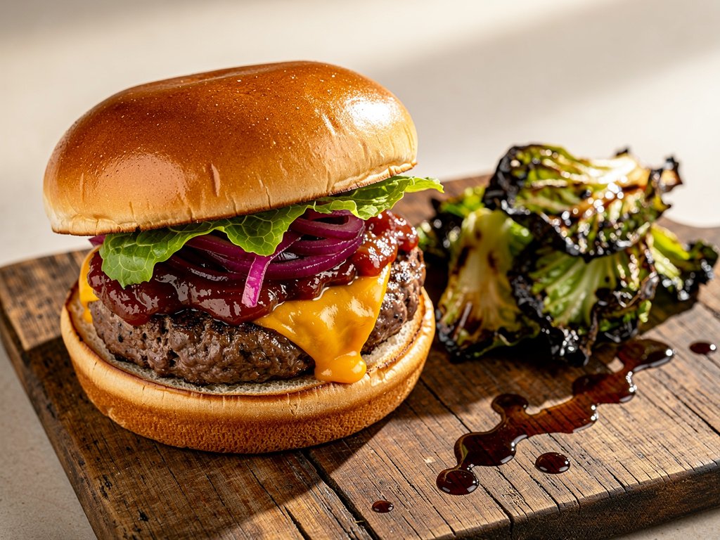 Juicy Lucy Burger with Tomato-Red Onion Jam and Charred Romaine