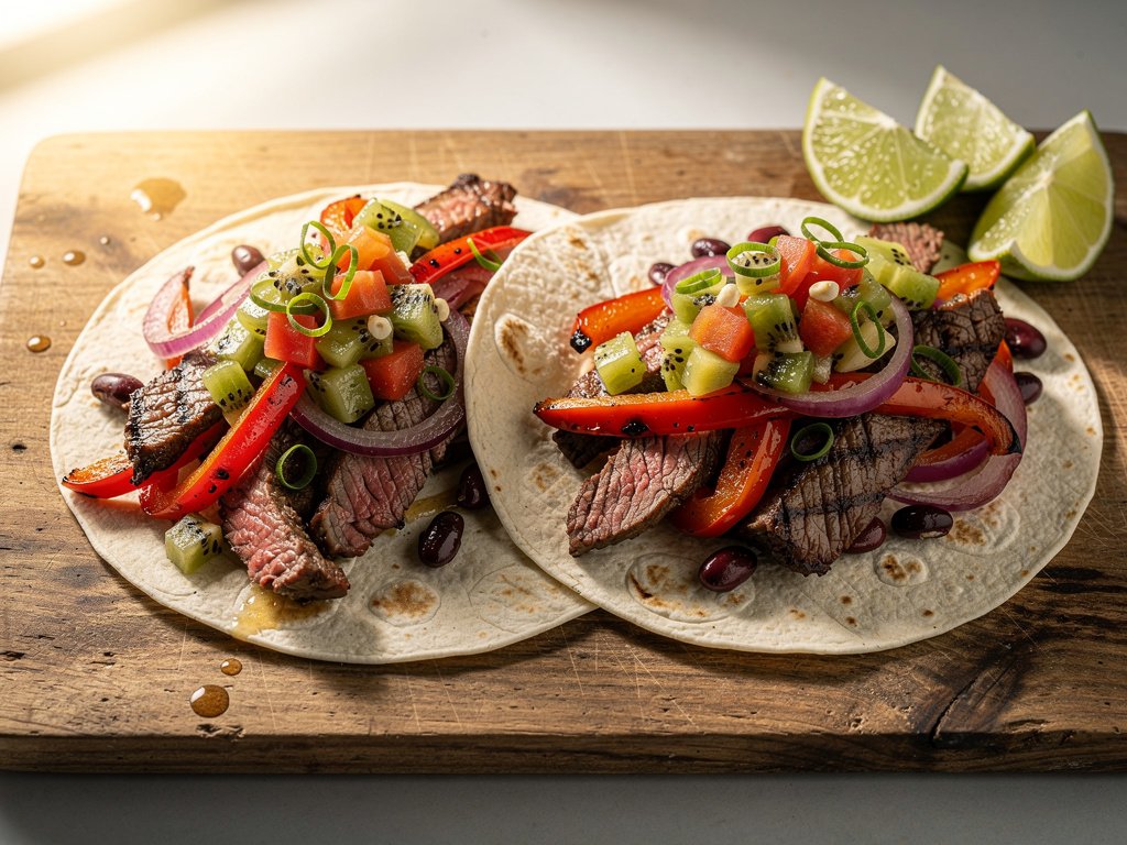 Kiwi Salsa Steak Fajitas with Charred Peppers and Blistered Beans