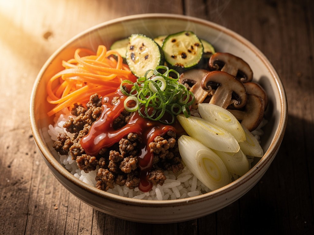 Korean Beef Bibimbap Bowl with Zucchini, Mushrooms, and Carrots