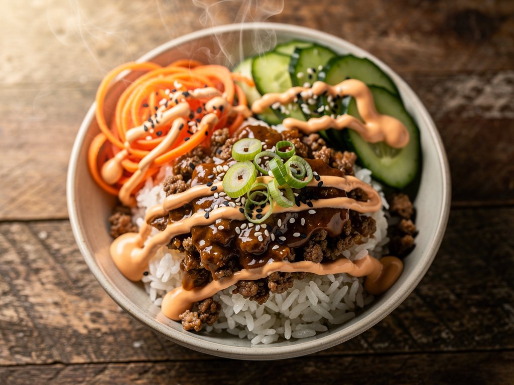 Korean Beef Bulgogi Bowls with Quick Pickled Cucumber and Sriracha Crema