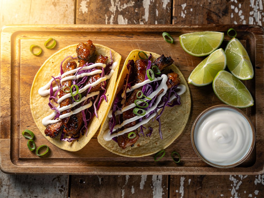 Korean Bulgogi Chicken Tacos with Spicy Slaw and Creamy Sriracha Drizzle