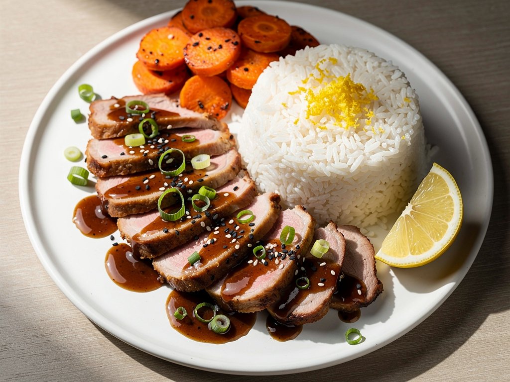 Korean Bulgogi Pork Tenderloin with Roasted Carrots and Lemon Rice
