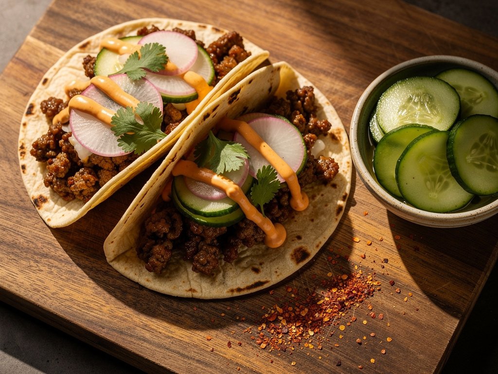 Quick Korean Ground Beef Tacos with Pickled Veggies & Spicy Crema