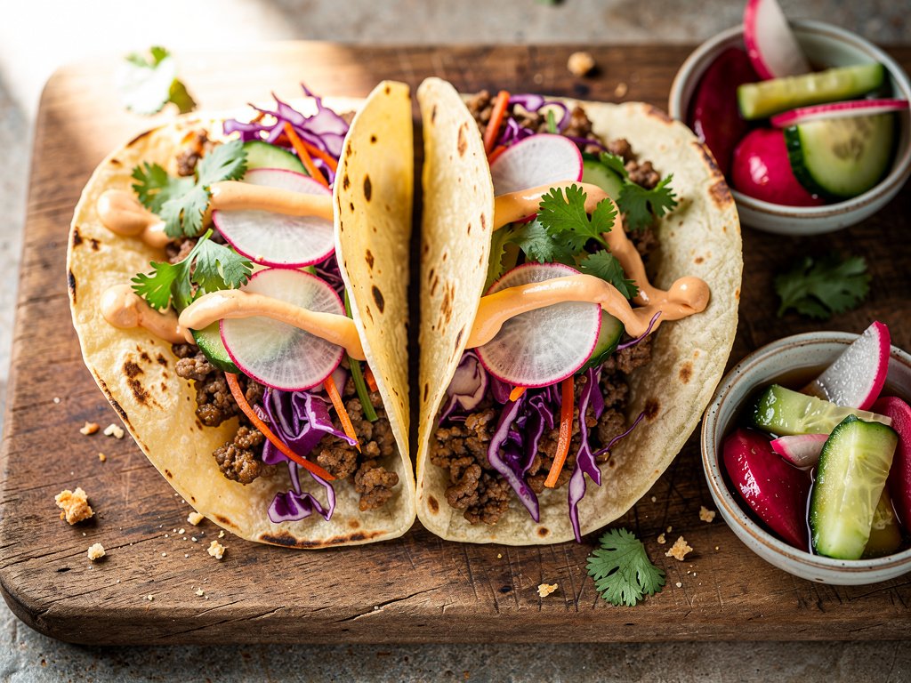 Korean Ground Beef Tacos with Quick-Pickled Veggies and Chili Sour Cream