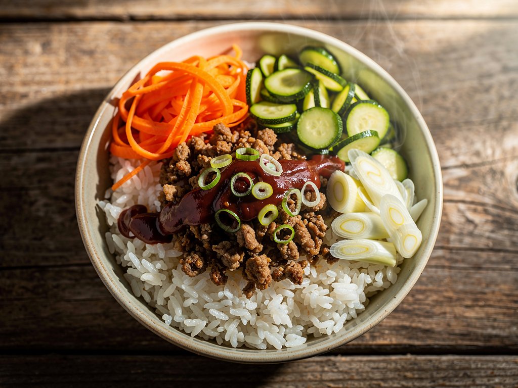 Korean-Inspired Pork Bibimbap Bowls with Zucchini and Carrot