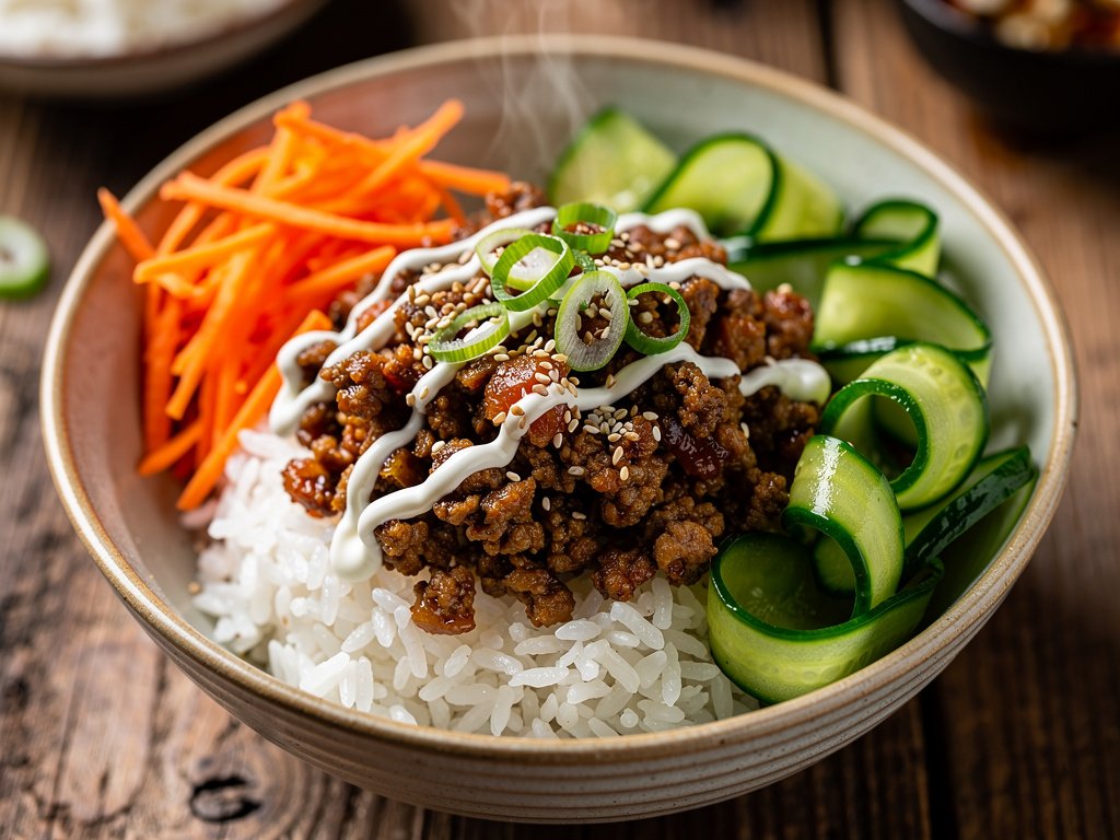 Korean Pork Bulgogi Bowls with Pickled Cucumber and Sriracha Crema