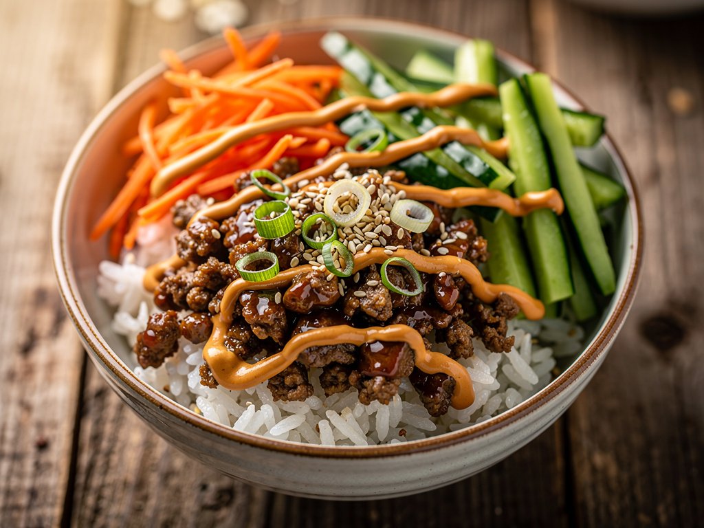 Korean Pork Bulgogi Bowls with Quick Pickled Cucumber and Sriracha Crema