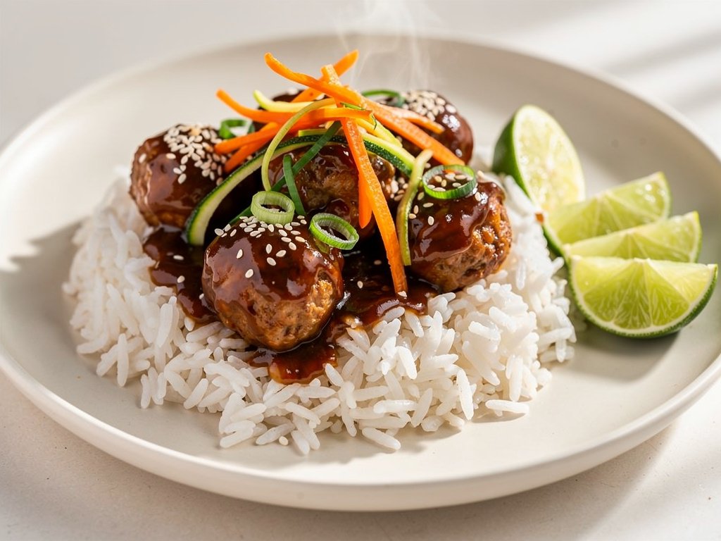 Korean-Style Pork Bulgogi Meatballs with Sesame Rice and Vegetables
