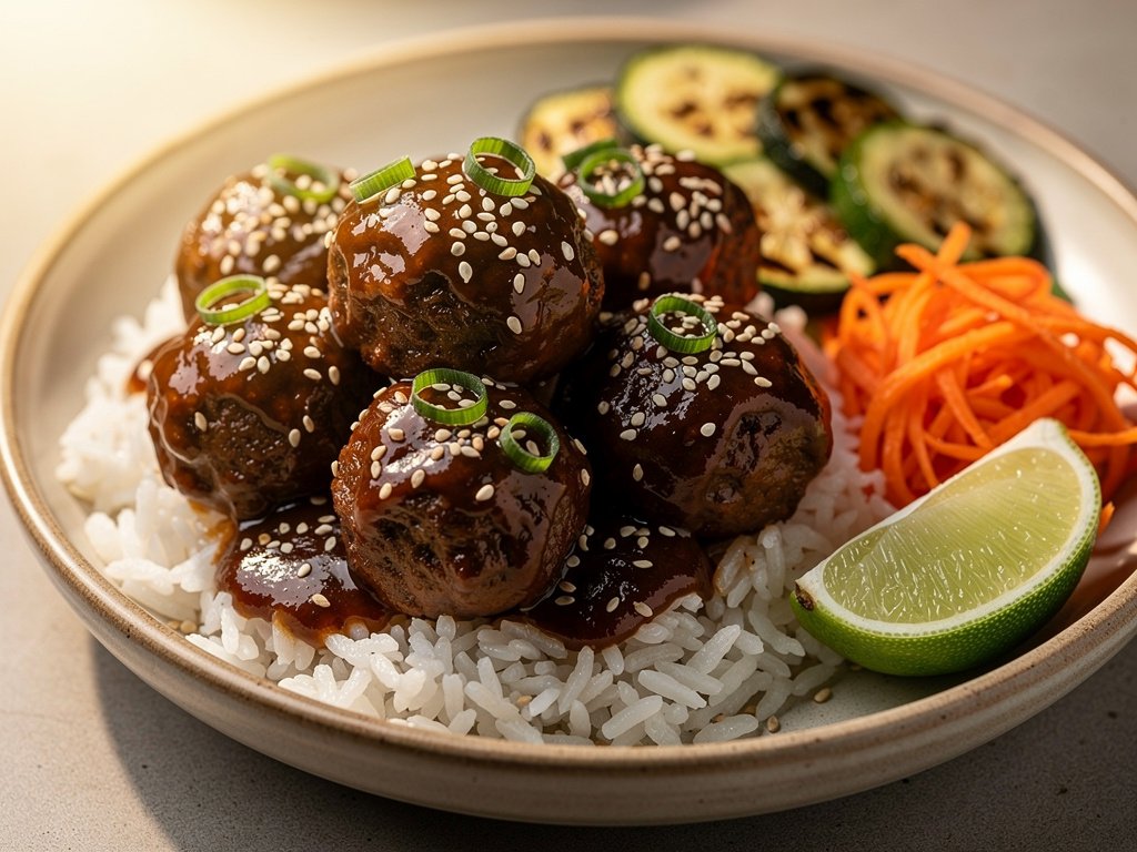 Korean-Inspired Pork Bulgogi Meatballs with Sesame Rice and Veggies