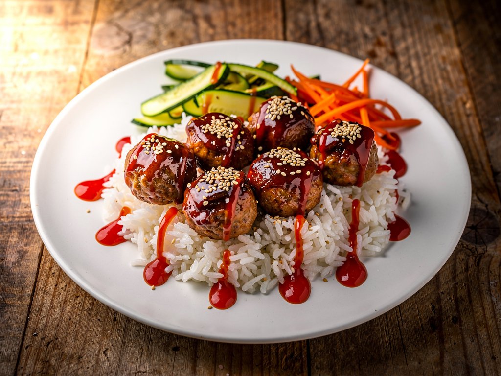 Korean-Inspired Pork Bulgogi Meatballs with Sesame Rice and Zucchini