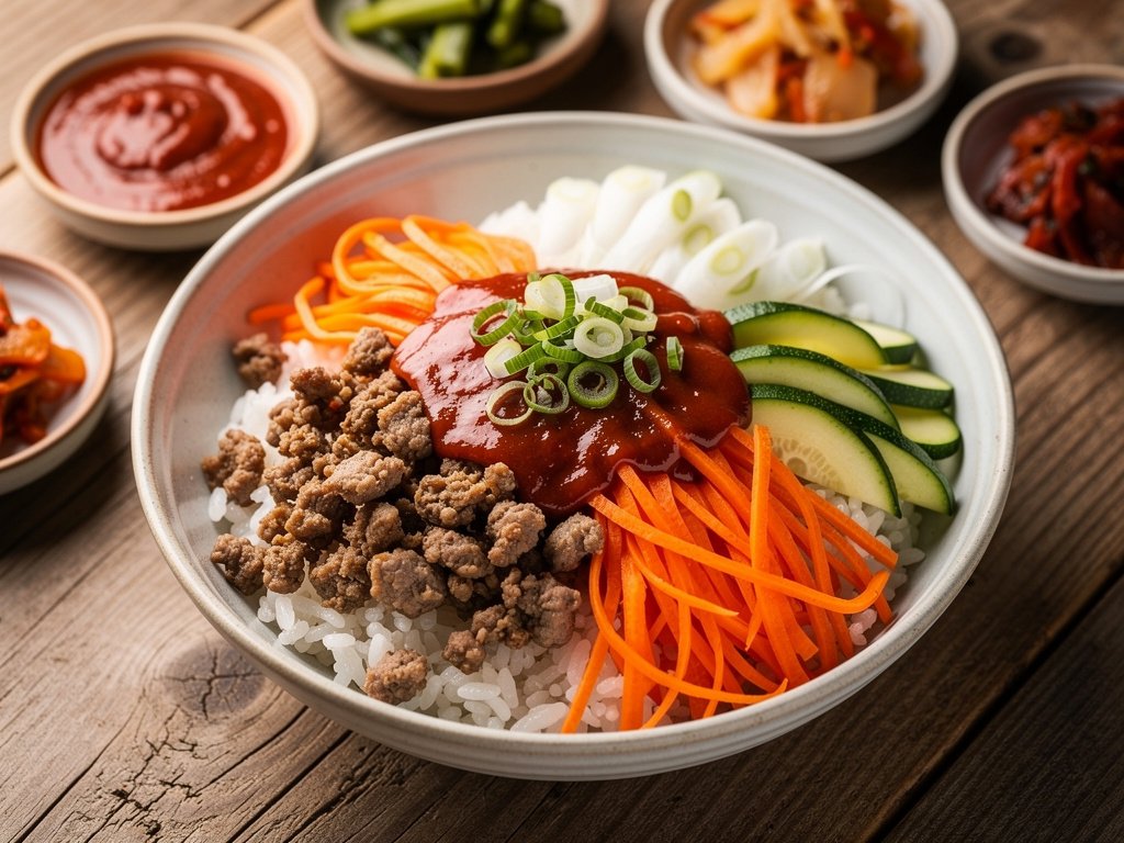 Korean Pork and Zucchini Bibimbap Bowl with Pickled Scallions