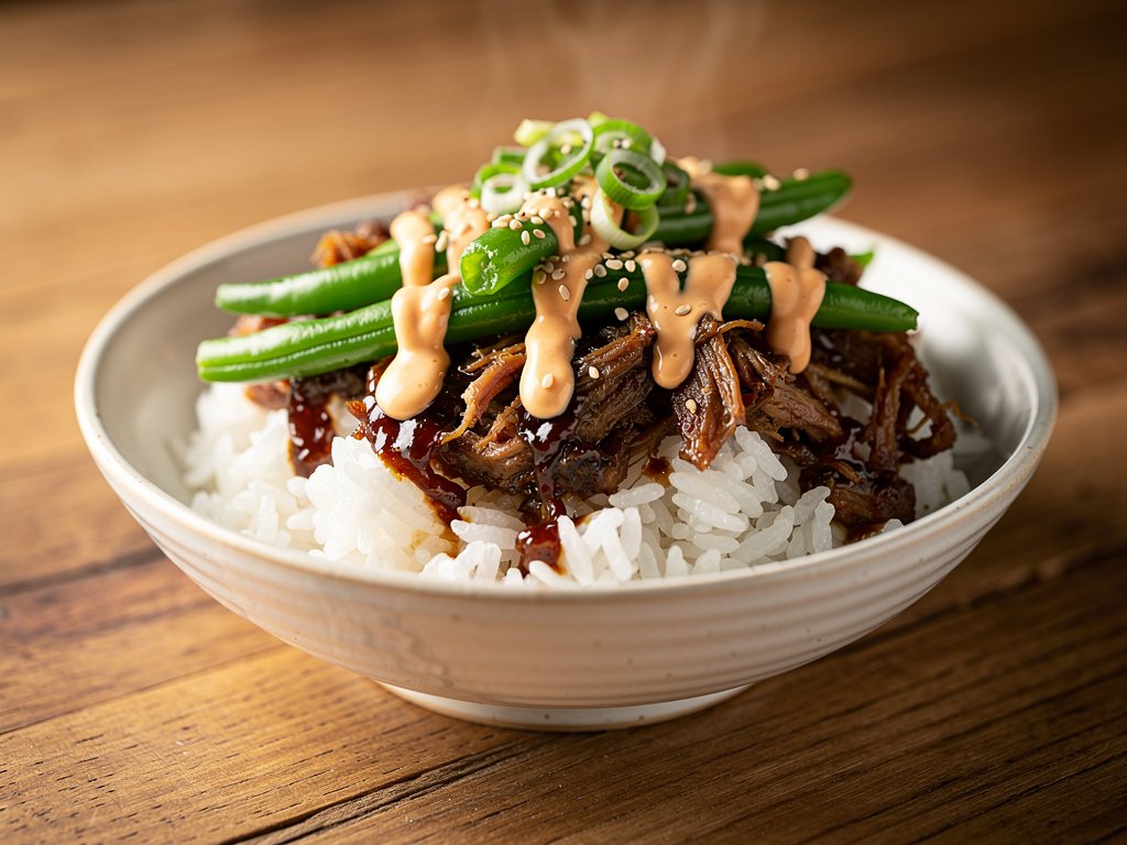 Korean-Inspired Pulled Pork Bowls with Green Beans and Sriracha Mayo