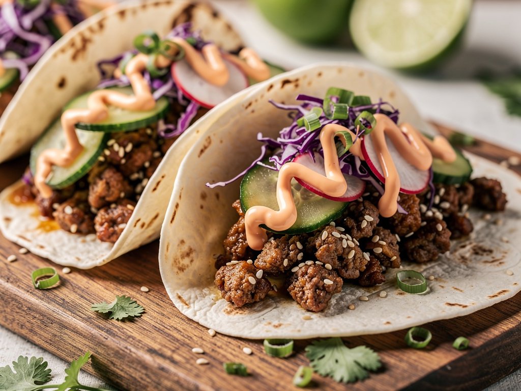 Korean-Style Sesame Beef Tacos with Quick-Pickled Veggies and Sriracha Sour Cream
