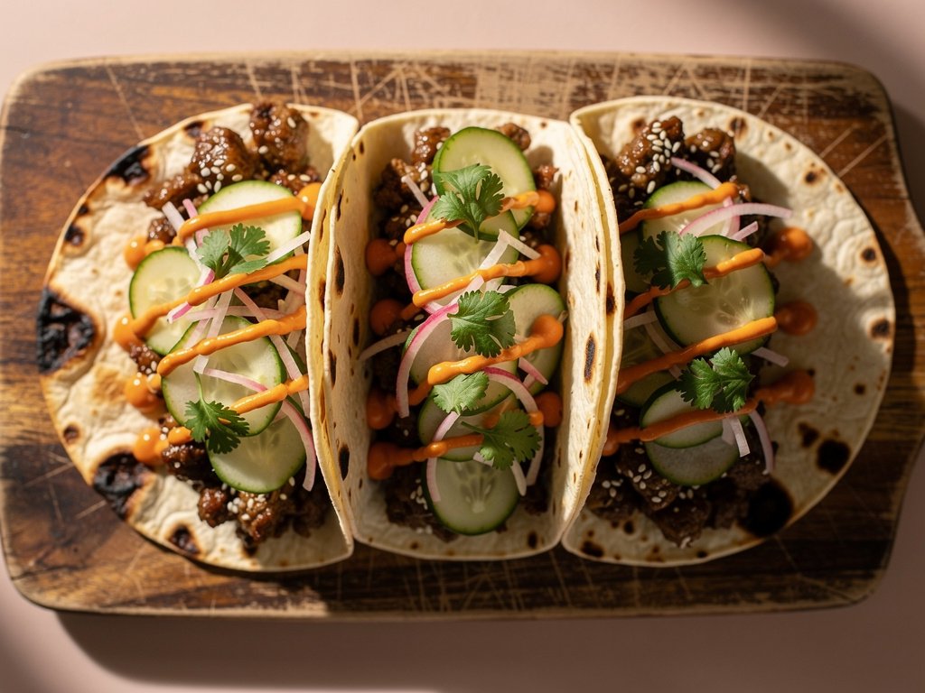 Korean-Style Sesame Beef Tacos with Quick-Pickled Veggies and Spicy Crema