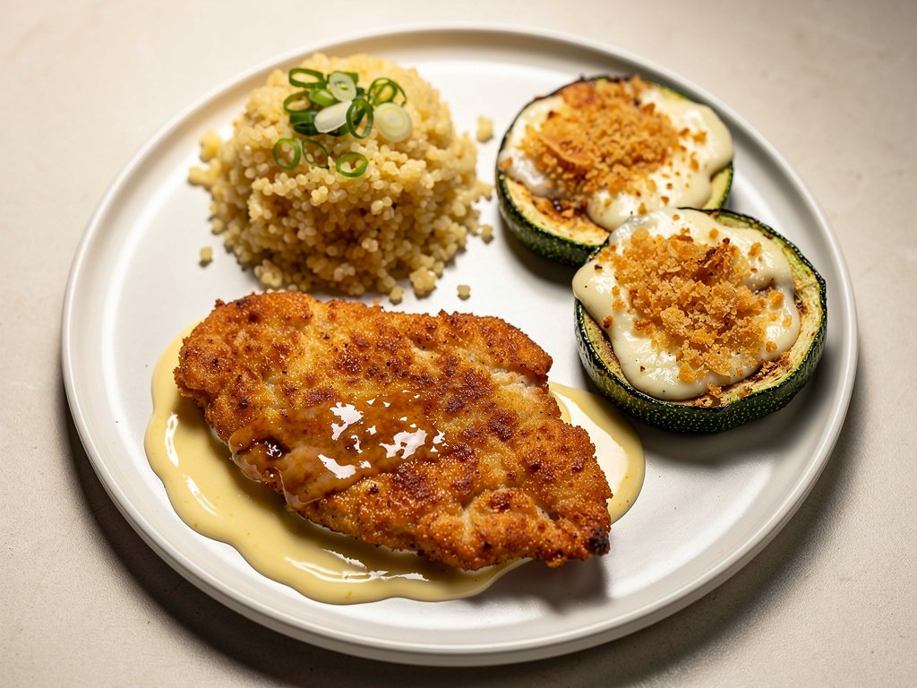 Lemon Butter Chicken with Mozzarella Zucchini Rounds and Scallion Couscous