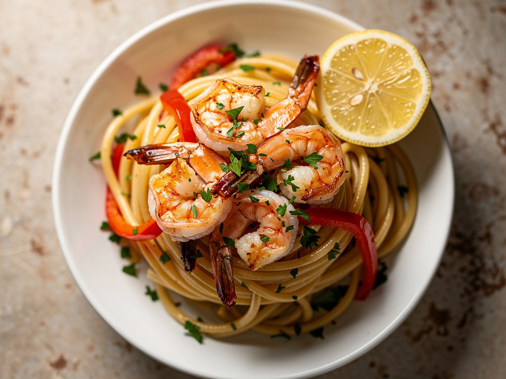 Lemon Butter Shrimp Linguine with Roasted Red Pepper and Chili Flakes