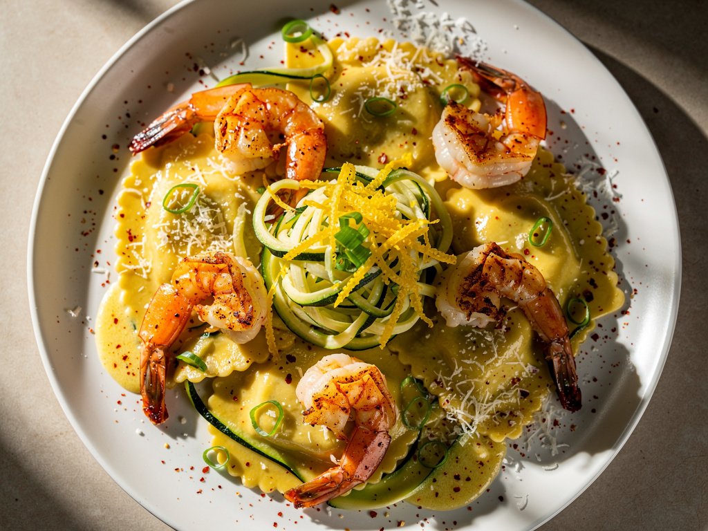 Lemon Cream Lobster Ravioli with Seared Shrimp and Zucchini Ribbons