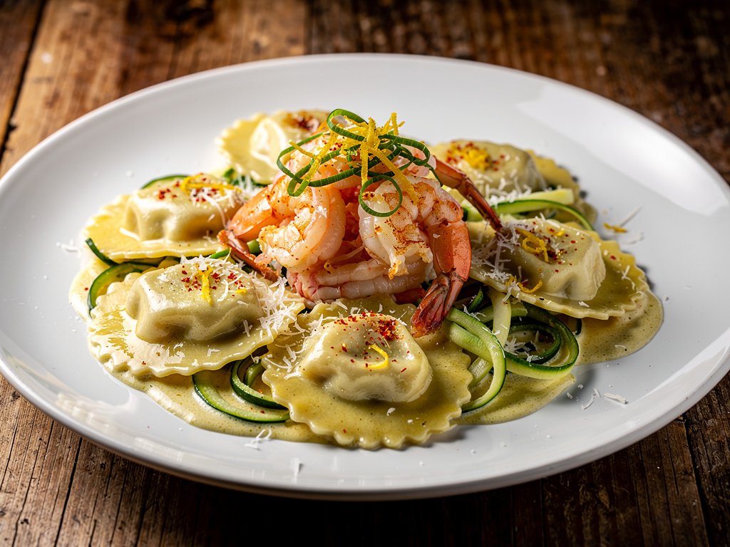 Lemon Cream Lobster Ravioli with Seared Shrimp and Zucchini Ribbons