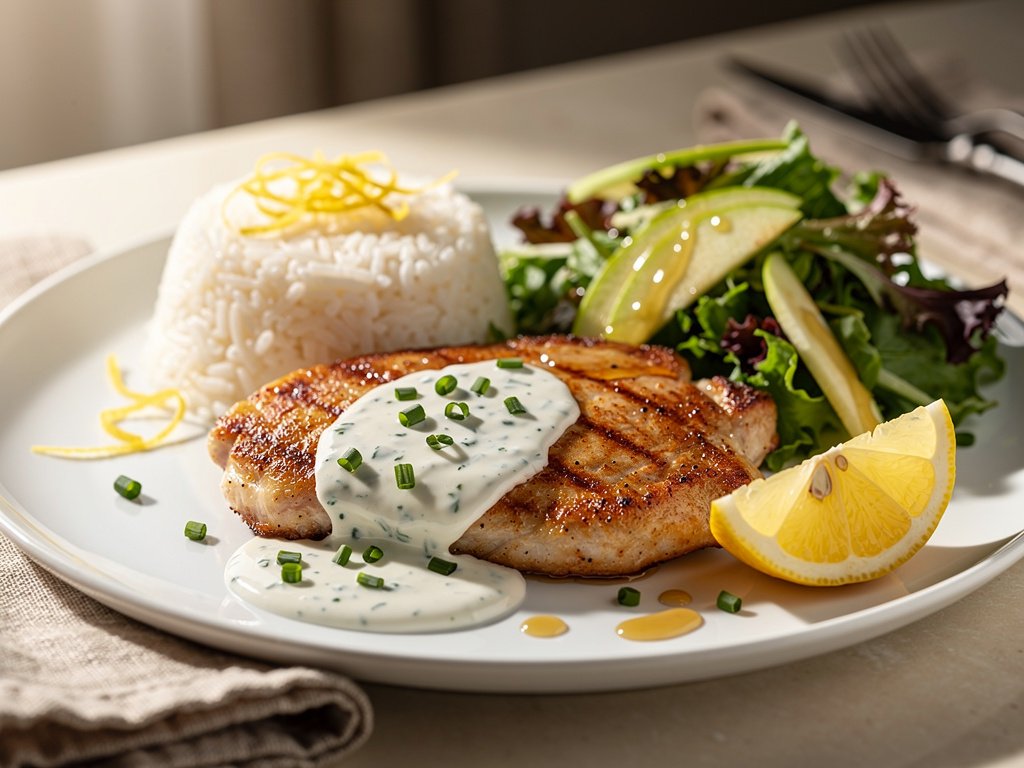 Lemon Dijon Chicken with Creamy Chive Sauce and Rice