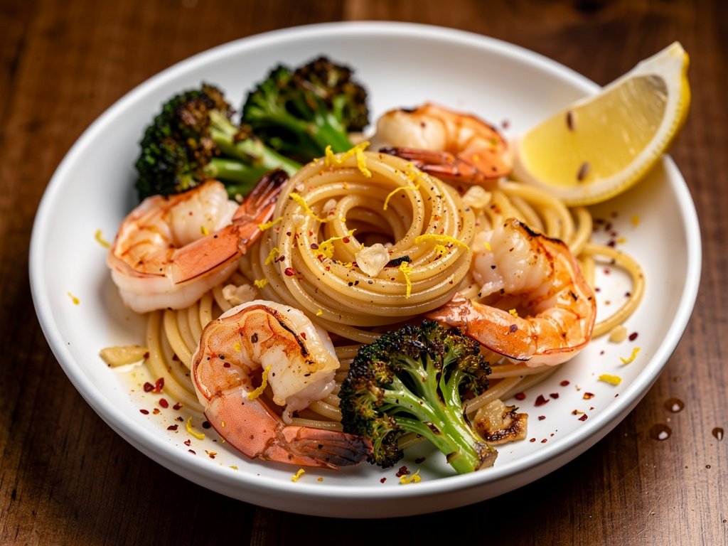 Lemon Garlic Shrimp Scampi with Spaghetti and Roasted Broccoli