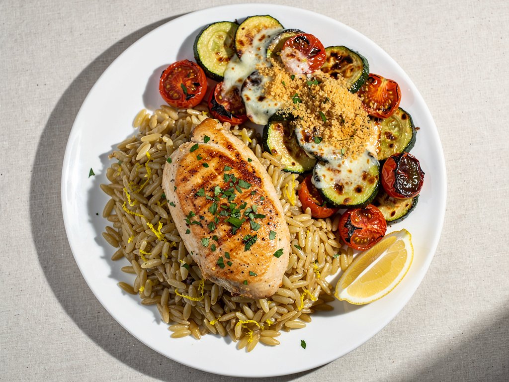 Lemon Herb Chicken with Cheesy Orzo and Roasted Vegetables