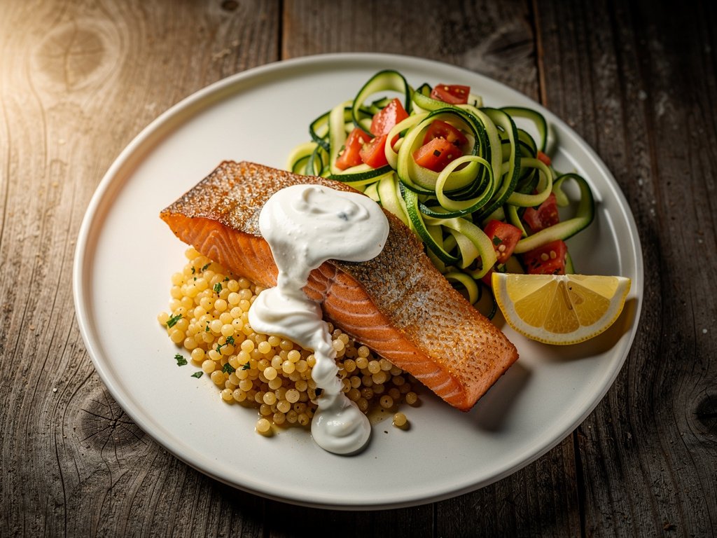 Lemon Herb Salmon with Israeli Couscous and Zucchini Ribbon Salad