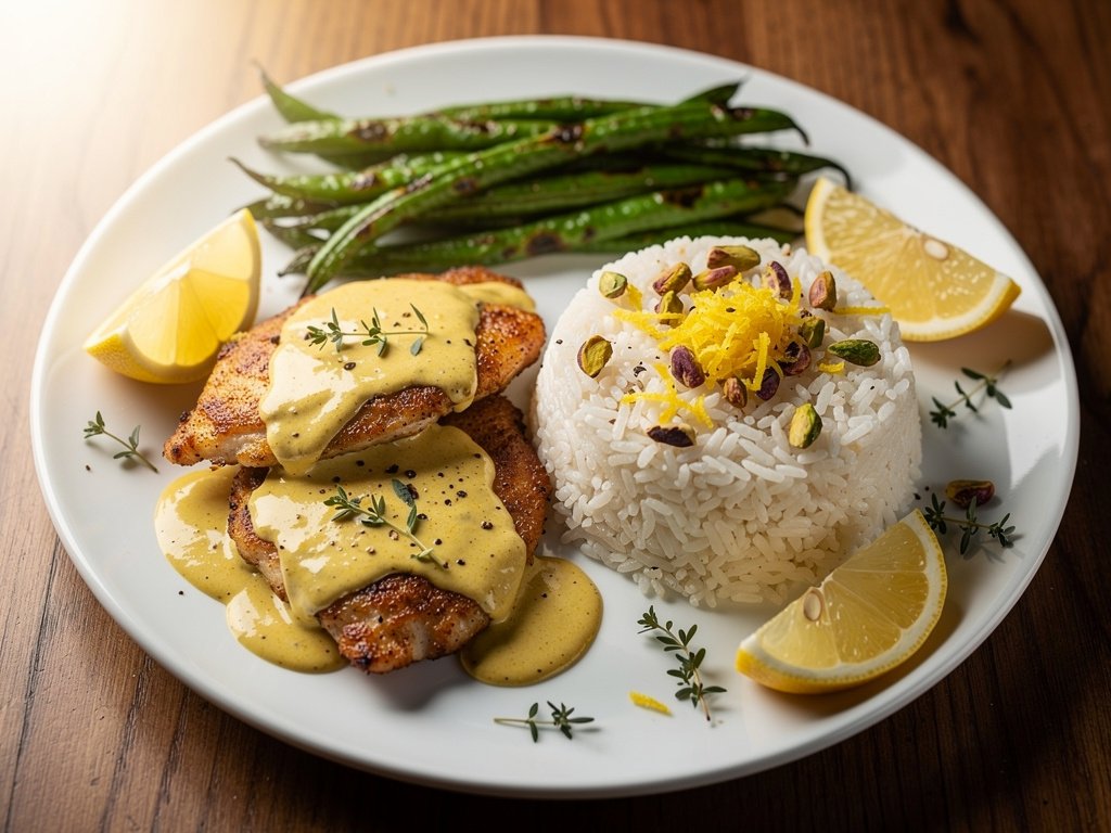 Lemon Paprika Chicken with Pistachio Rice and Roasted Green Beans
