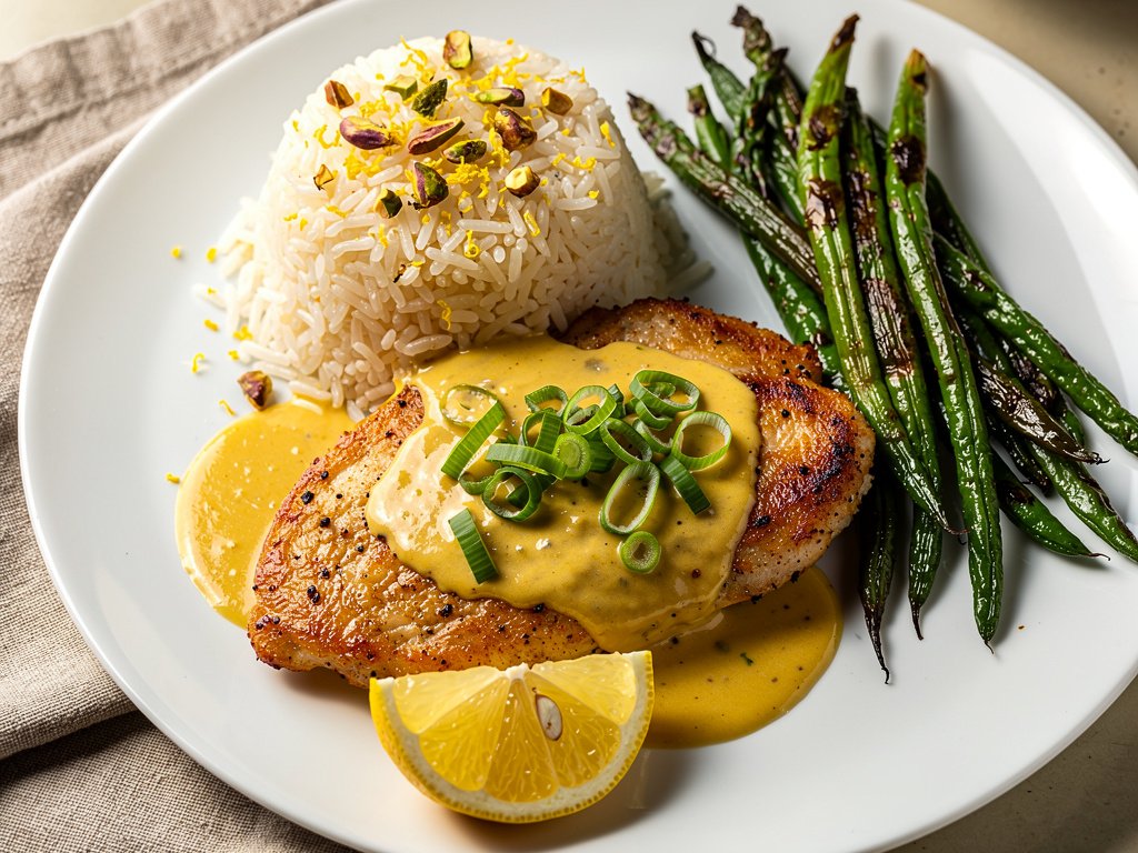 Lemon Paprika Chicken with Pistachio Rice and Roasted Green Beans