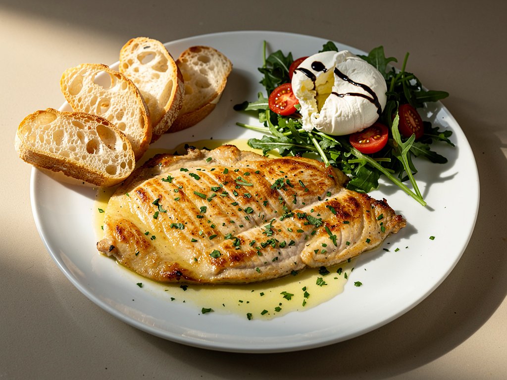 Lemon Parsley Chicken Paillard with Balsamic Burrata and Arugula Salad