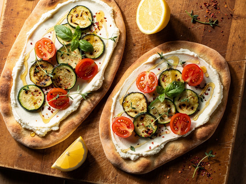 Lemon Ricotta Flatbreads with Zucchini, Tomatoes, and Honey-Chili Drizzle