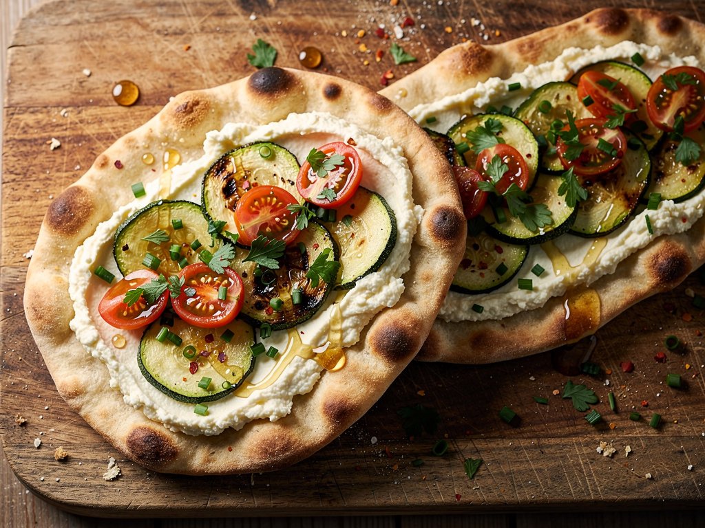 Lemon Ricotta Flatbreads with Zucchini, Tomatoes, and Honey-Chili Drizzle