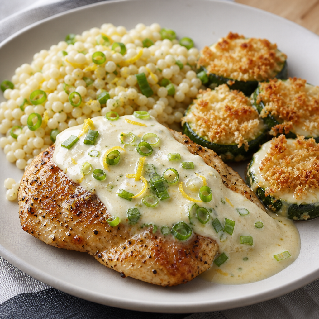 Lemon-Sour Cream Skillet Chicken with Scallion Couscous and Cheesy Zucchini