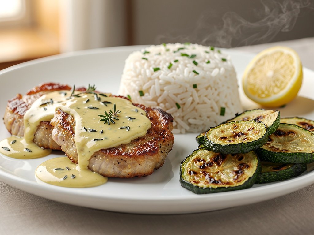 Lemon Thyme Pork Cutlets with Roasted Zucchini and Garlic Herb Rice