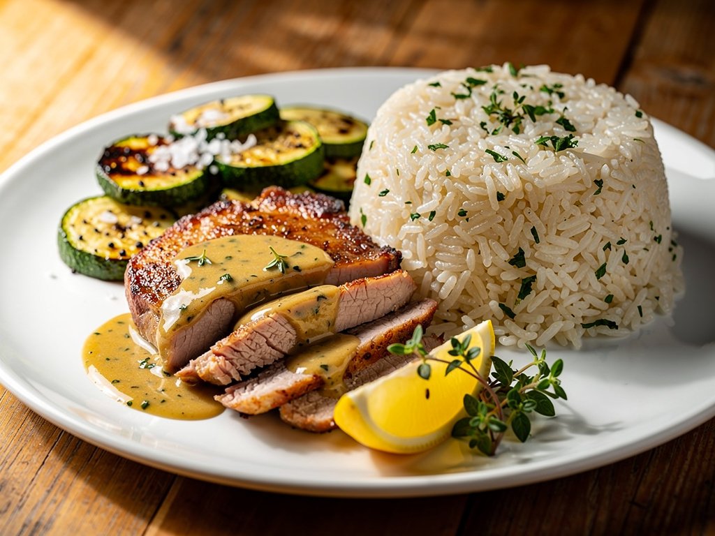 Lemon Thyme Pork with Roasted Zucchini and Garlic Herb Rice
