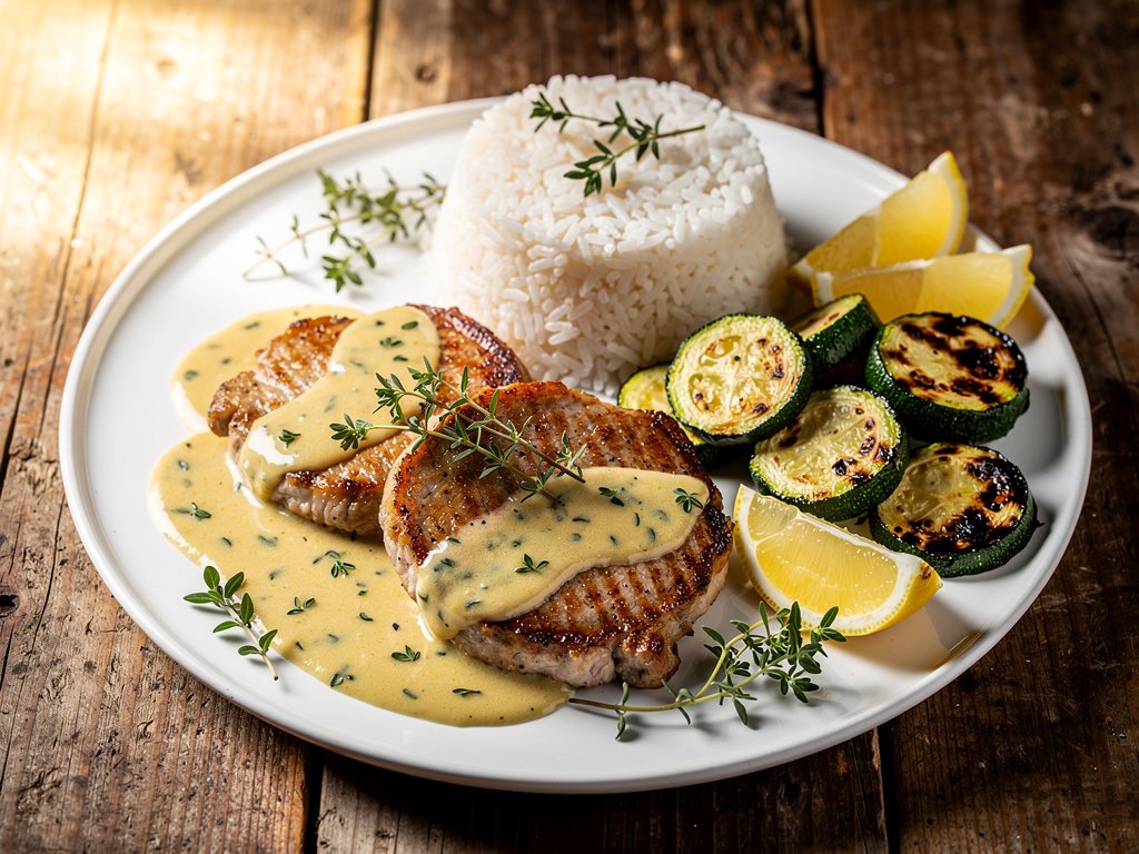 Lemon Thyme Pork with Roasted Zucchini and Garlic Herb Rice