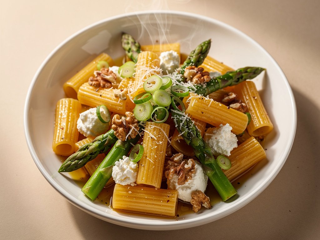 Lemony Brown Butter Rigatoni with Asparagus and Walnuts