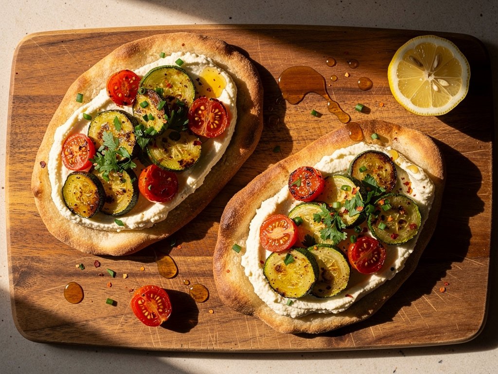Lemony Ricotta Flatbreads with Roasted Zucchini and Tomatoes