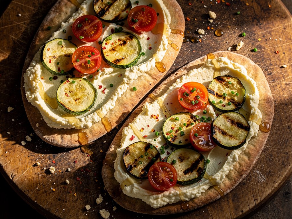 Lemony Ricotta Flatbreads with Zucchini, Tomatoes, and Honey