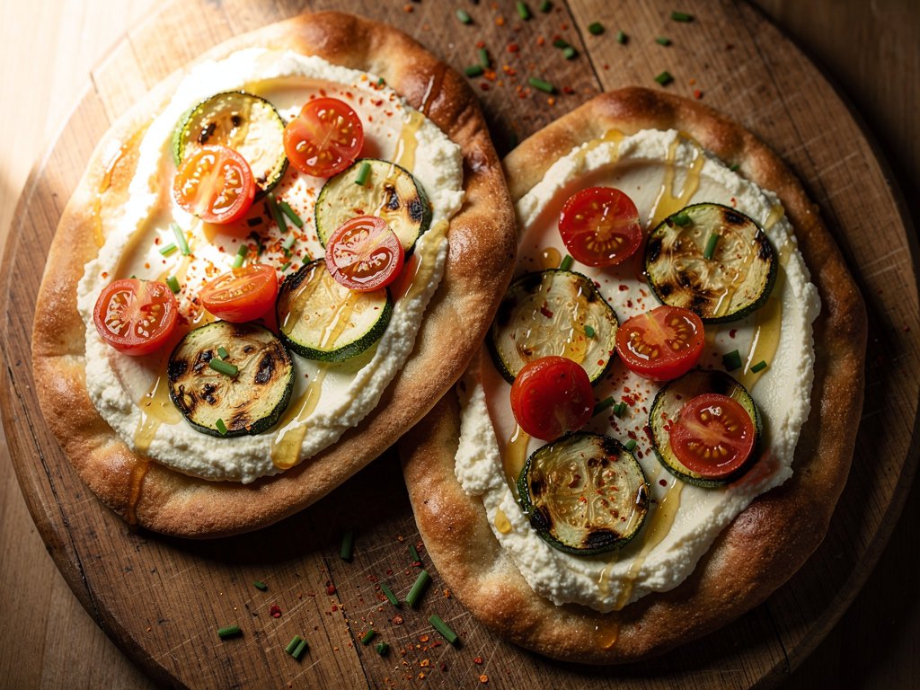 Lemony Ricotta Flatbreads with Roasted Zucchini and Tomatoes
