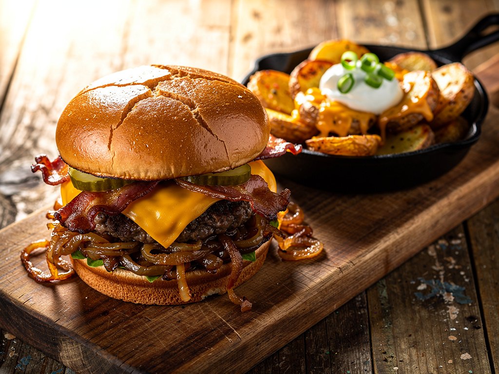 Loaded Bacon Cheeseburgers with BBQ Onions and Cheesy Potato Rounds