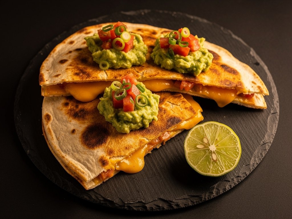 Loaded Black Bean and Pepper Quesadillas with Salsa Fresca and Creamy Guacamole