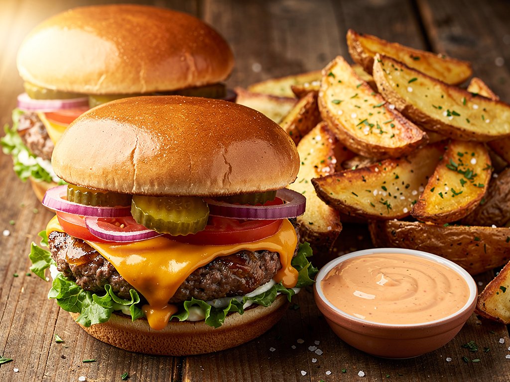 Loaded Cheddar Cheeseburgers with Oven Fries and Special Sauce
