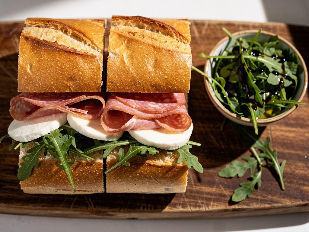 Loaded Italian Sub Sandwich with Fresh Mozzarella and Arugula