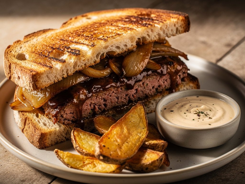 Loaded Meatloaf Sandwich with Caramelized Onions and Horseradish Dijonnaise