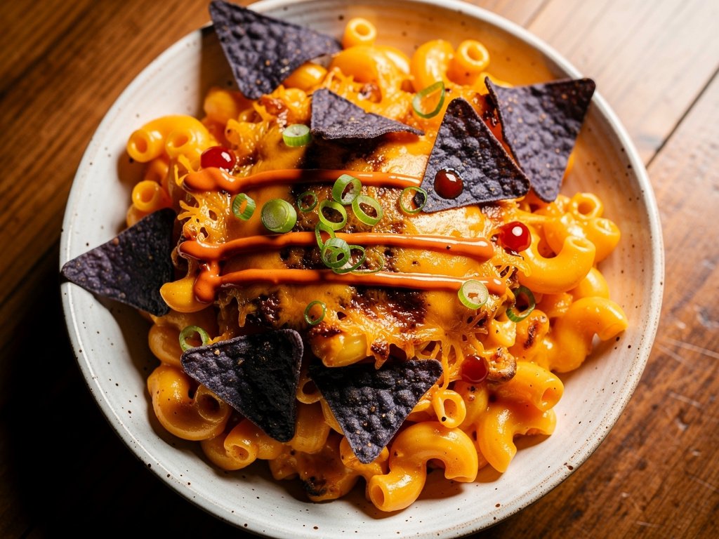 Loaded Nacho Mac and Cheese with Poblano and Smoky Red Pepper Crema