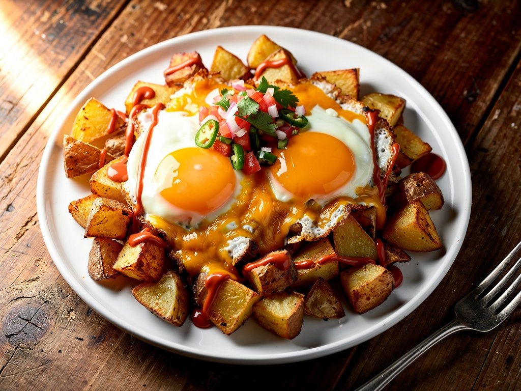 Loaded Nacho Potato Hash with Cheesy Fried Eggs and Pico de Gallo
